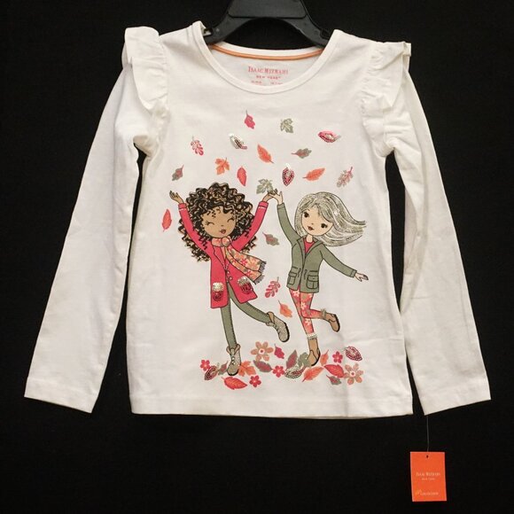 Isaac Mizrahi Friends Playing in Leaves Long Sleeve Ruffles Ivory Tee Girl’s XS - Picture 1 of 7